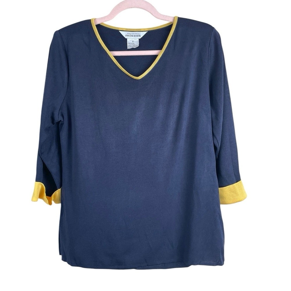 Exclusively Misook Top Womens S Navy‎ Yellow Knit 3:4 Slv Tunic V Neck Sweater